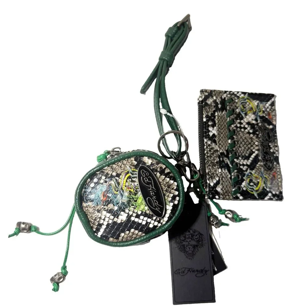 Ed Hardy Keychain Wristlet Card Holder & Coin Pouch Snakeskin Print NWT